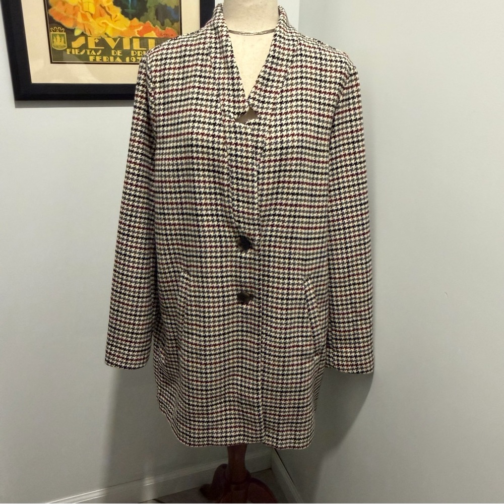 Old Navy Women’s Houndstooth Wool Blend Coat Large Black Gray Burgundy Topcoat